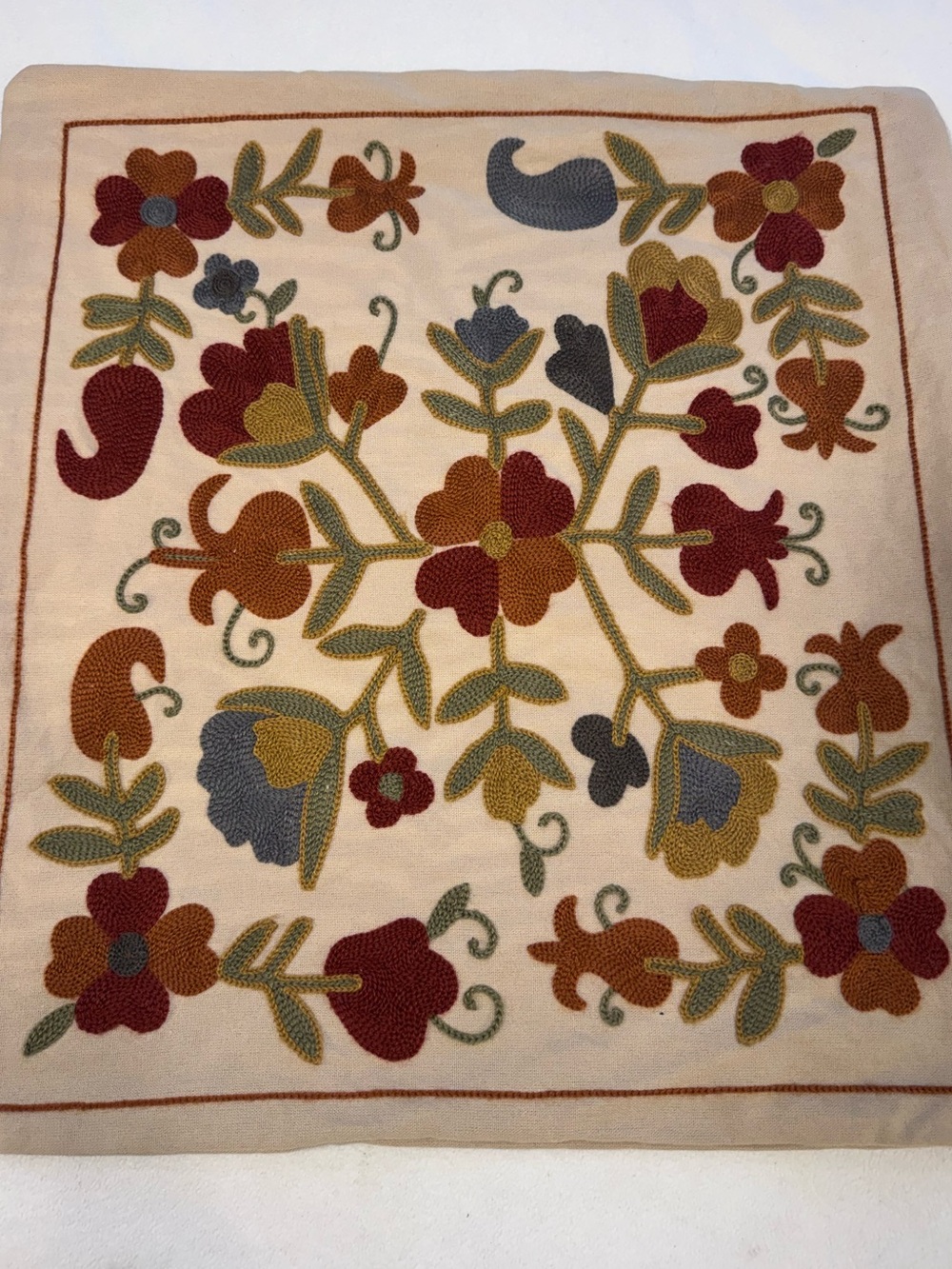 Pottery Barn Crewel Embroidered Suzani Floral Pillow Cover Autumn Fall